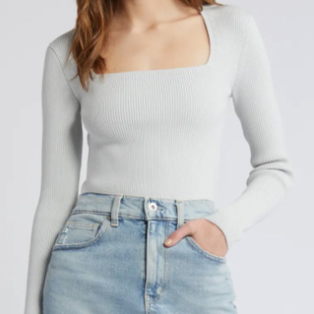 Open Edit Luxe Sculpt Square Neck Long Sleeve Top - size S